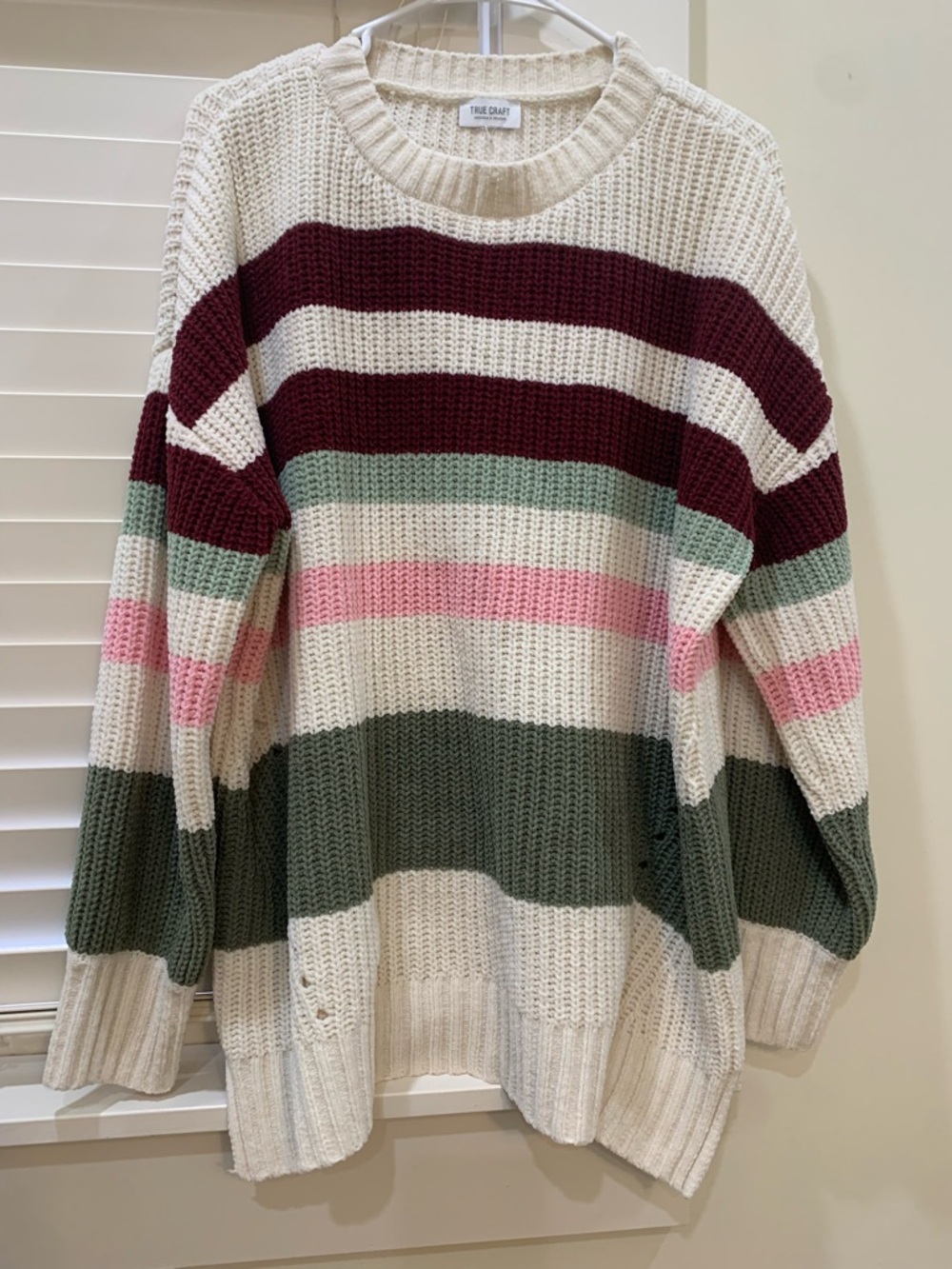 True Craft Cream Sweater with Burgundy, Olive & Pink Stripes